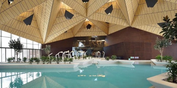 幾何傾斜屋頂結構的游泳池設計